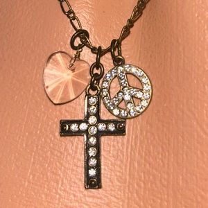 Betsey Johnson lucite heart cross peace necklace Vintage crystal rhinestone N131